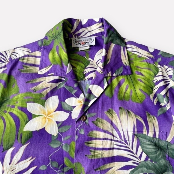 Y2K Hawaiian Print Button Front Shirt Floral Palm Print Purple Cotton Hawaii S - Picture 4 of 11